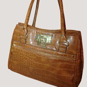 Anne Klein New York Satchel Shoulder Handbag Crocodile Embossed Logo Tote Brown
